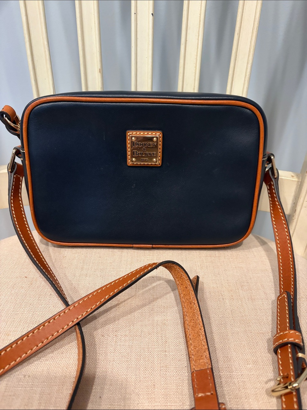 Dooney & Bourke Wexford Leather Demi Camera Zip Navy and Tan Leather Crossbody